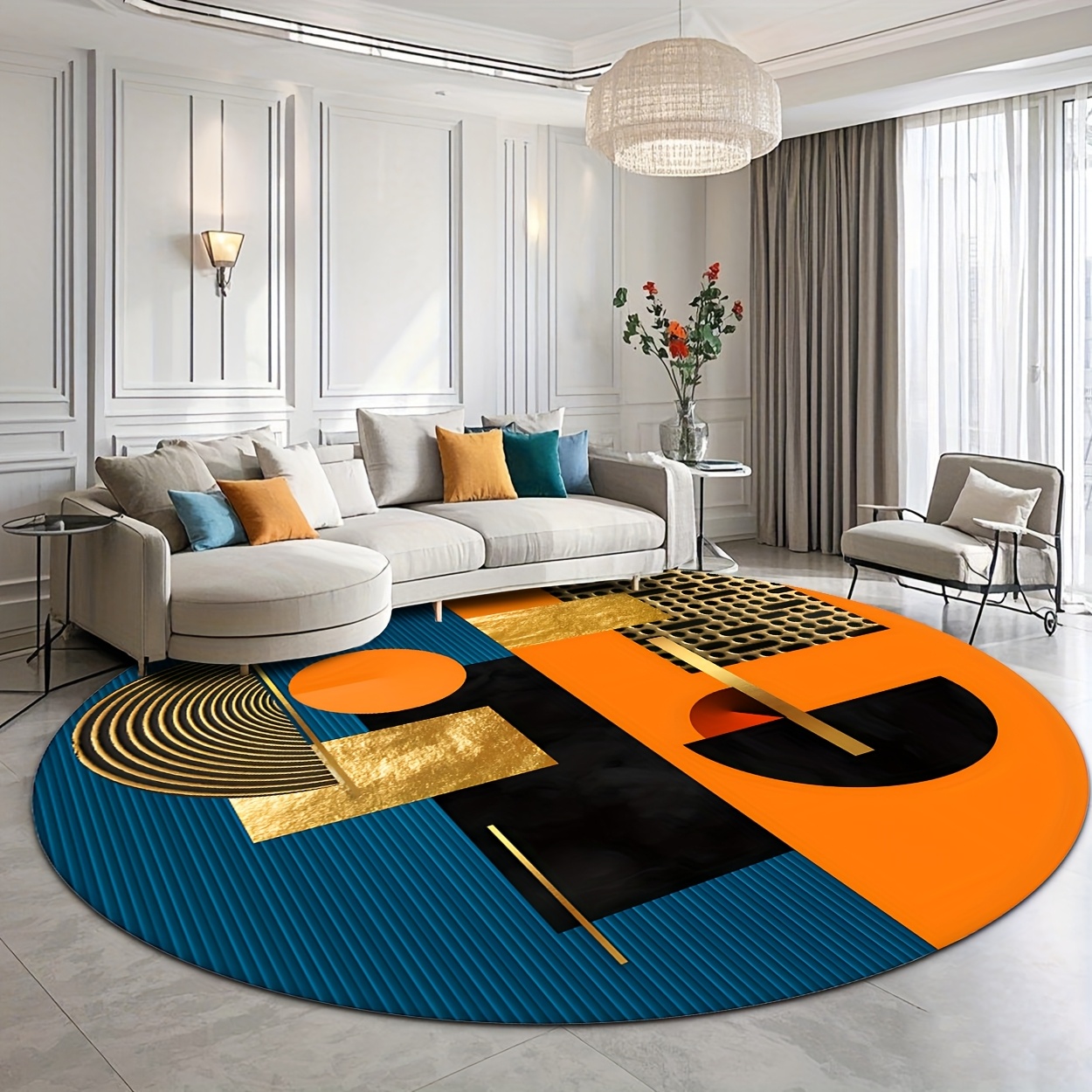 Interior Design Gold - سجادة دائرية فاخرة بتصميم هندسي مجرد